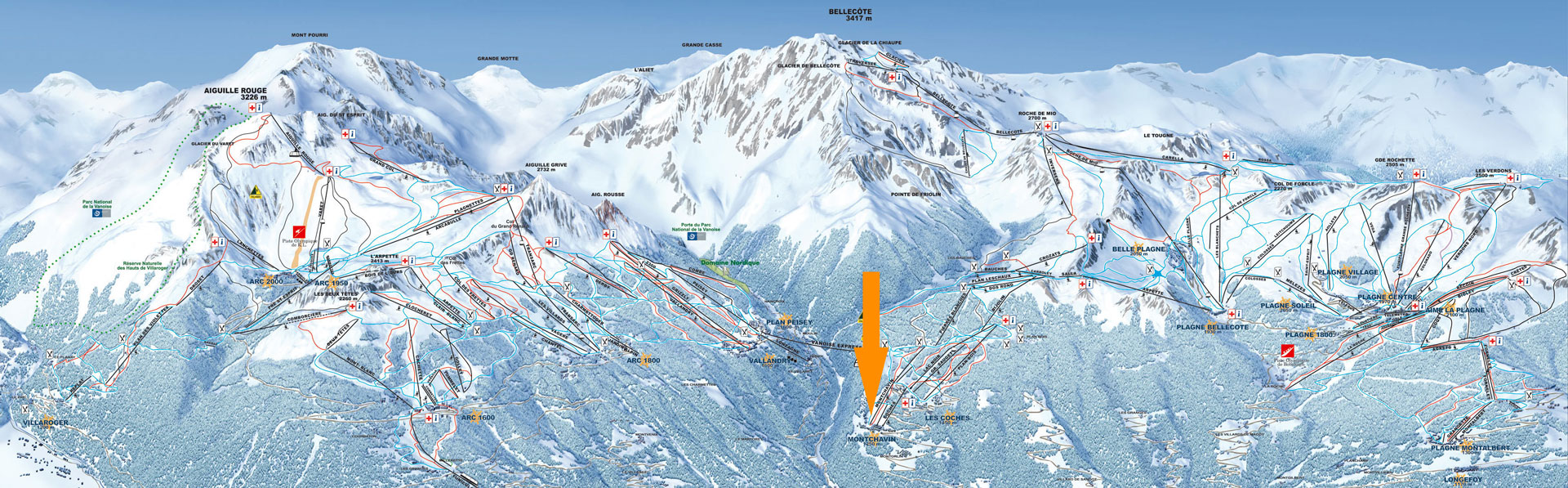 Plan des pistes Montchavin Les Coches Paradiski hiver